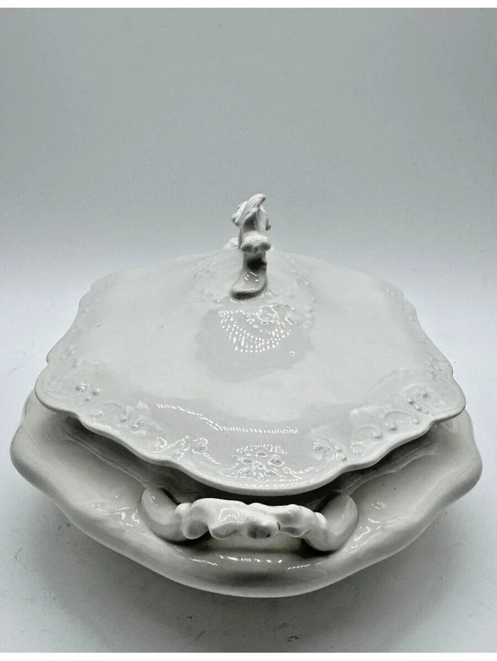 Antique Johnson Bros England White Embossed Covered Vegetable Dish Tureen